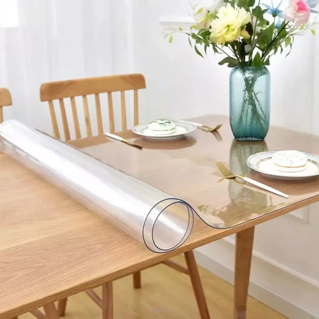 Clear PVC table protector in a place-setting application