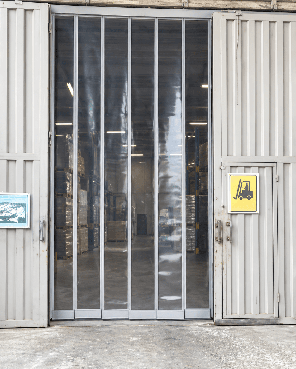Representative illustration of a magnetic PVC strip curtain across a doorway