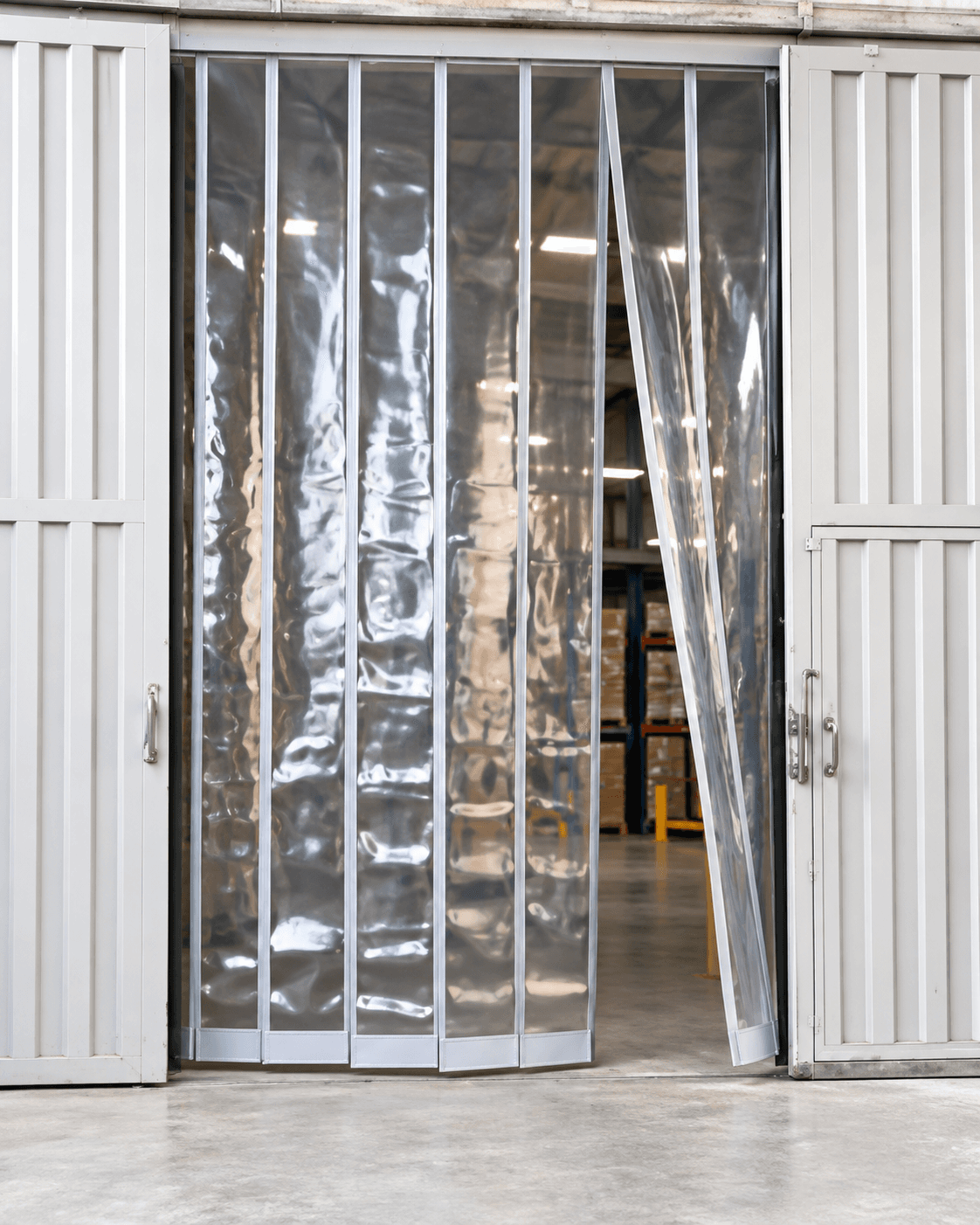 Representative illustration of a magnetic PVC strip curtain in use
