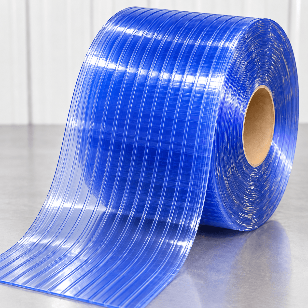 Illustrative product image of transparent blue ribbed PVC strip curtain material; exact 3mm specification is stated in the listing