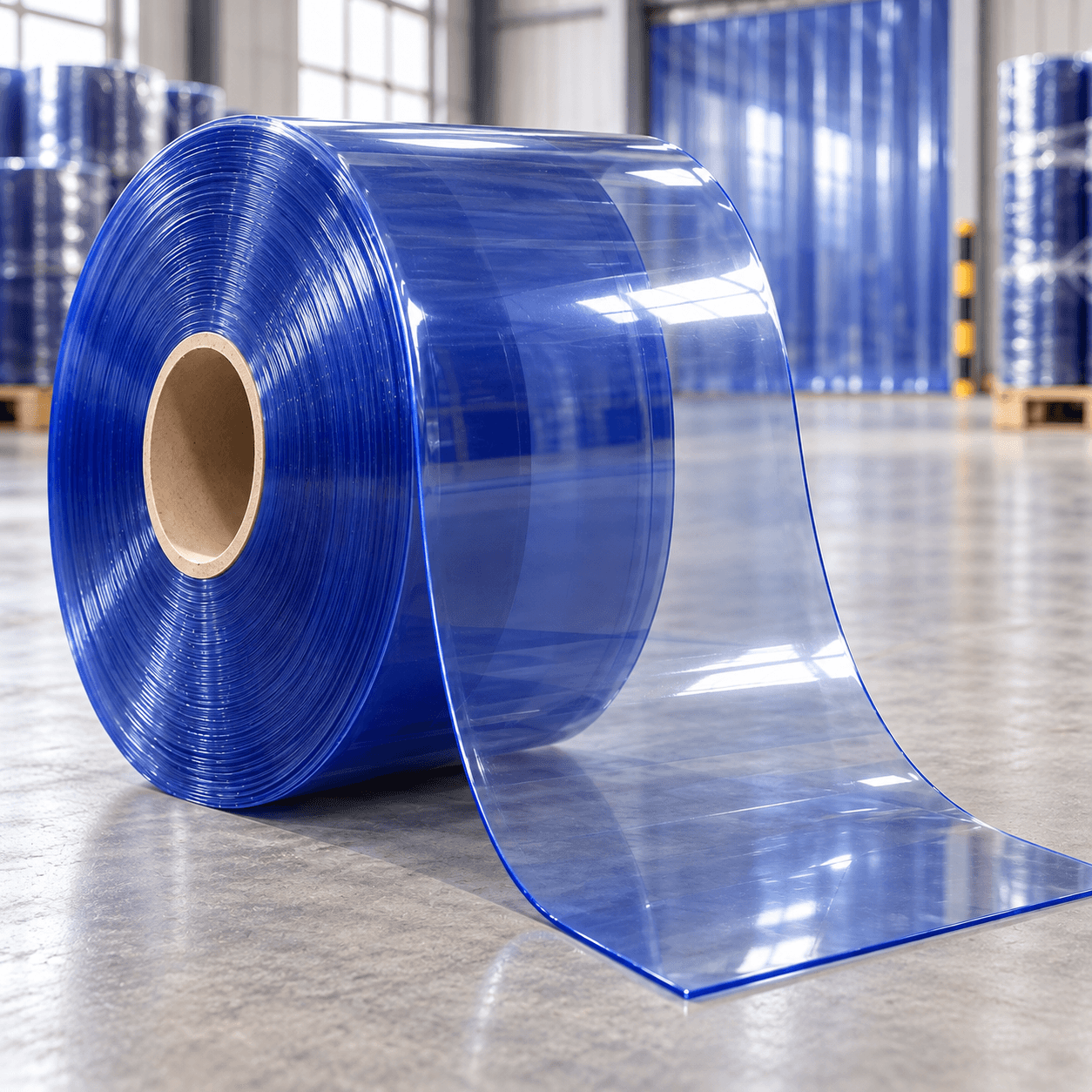 Illustrative hero image of smooth transparent blue PVC strip curtain roll; 2mm thickness, 200mm width and 50m roll length are stated in the product listing and are not visually proven by this illustration