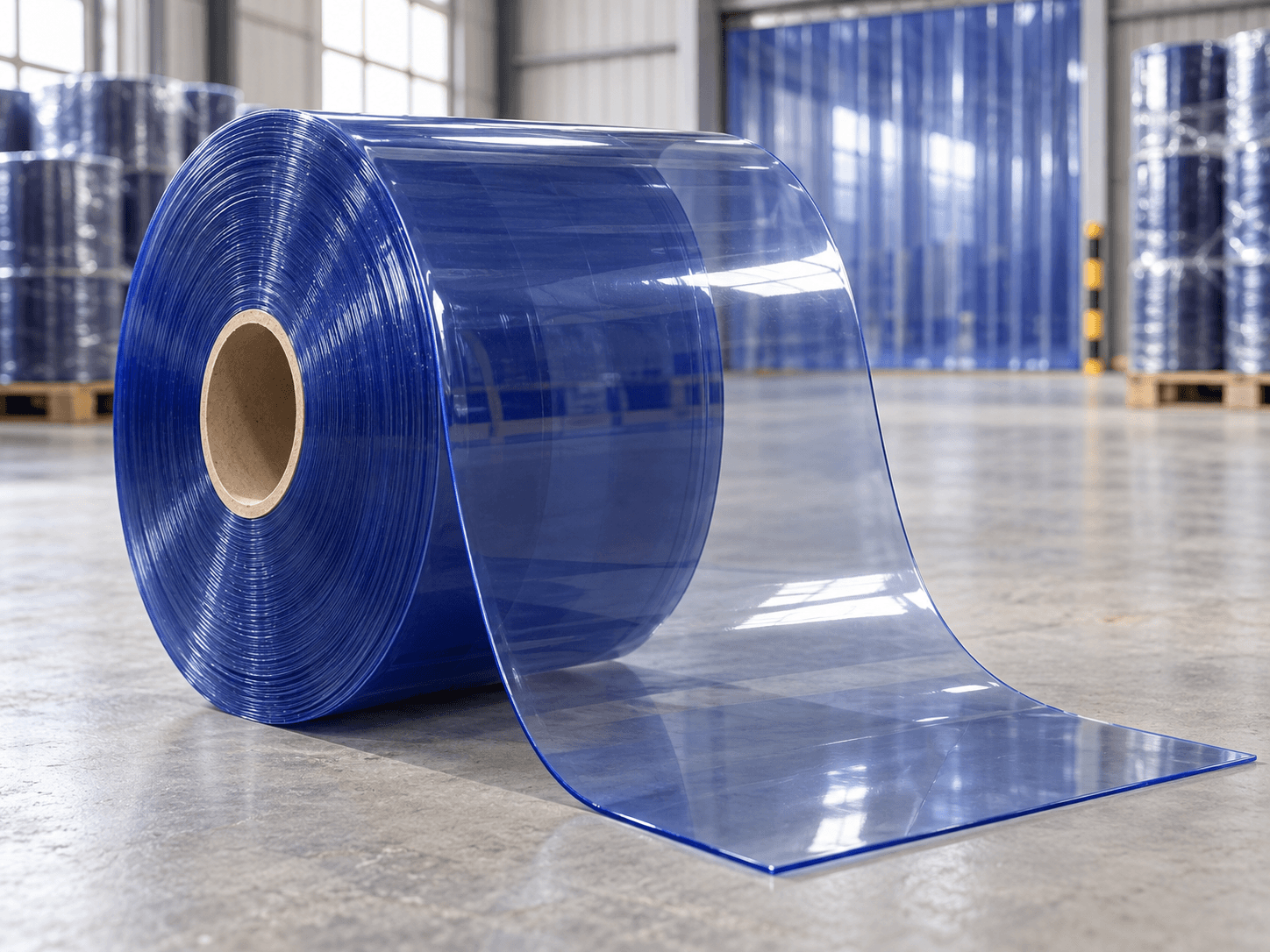Illustrative hero image of smooth transparent blue PVC strip curtain roll; 3mm thickness and 300mm width are stated in the product listing